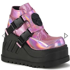 Demoniacult STOMP-15 PinkHolographic-Glitter 4 3/4inch Wedge Platform BootieW